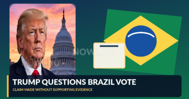 Editorial composite of Donald Trump before a US Capitol backdrop with Brazilian flags and an abstract ballot graphic, not a real meeting