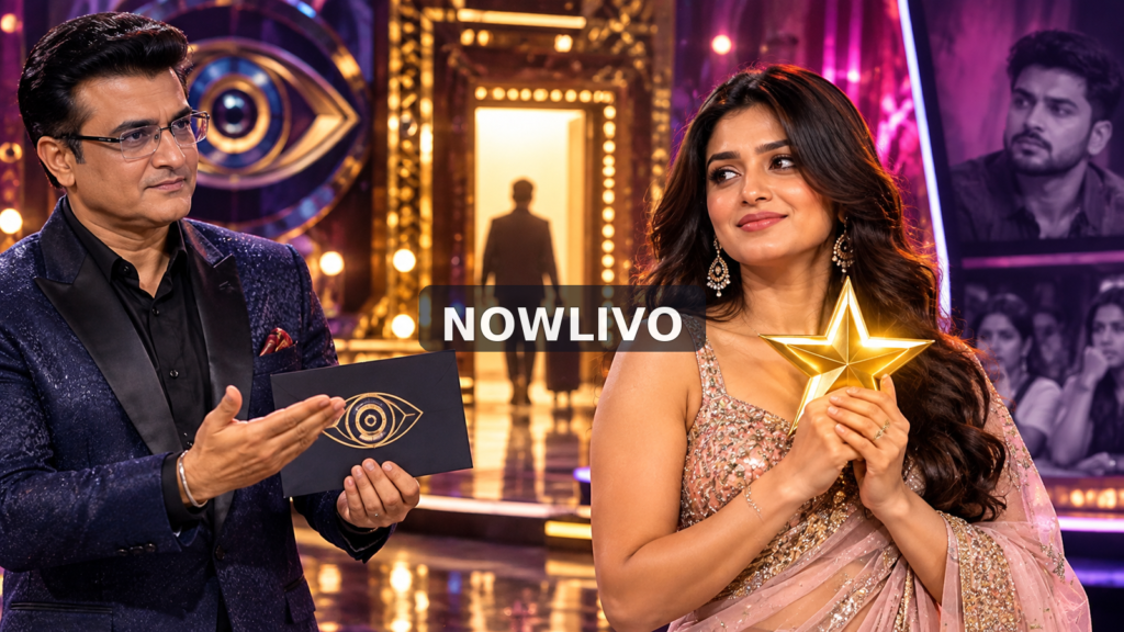 NOWLIVO editorial illustration of a suited male host presenting a glowing star trophy to a female contestant while a separate figure walks toward an exit; conceptual artwork representing Sonamoni Saha’s immunity award and the separate Bharat Kaul eviction.