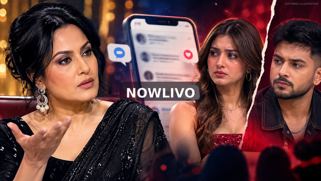NOWLIVO editorial illustration of a stern woman and two reality-show participants beside an abstract social-media screen, representing Kamya Punjabi’s response to the Love Gill–ScoutOP controversy; not episode footage.