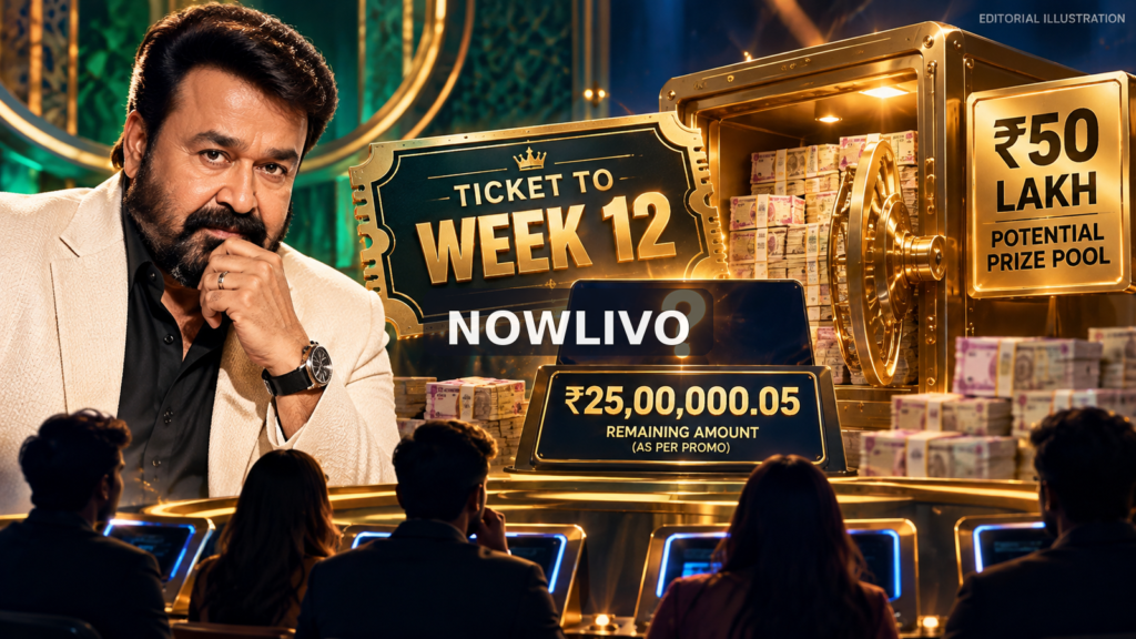 NOWLIVO editorial illustration of a host, an imagined prize vault, a Ticket to Week 12 plaque and a ₹25,00,000.05 amount labelled as a promo figure; not actual footage or a confirmed final payout.
