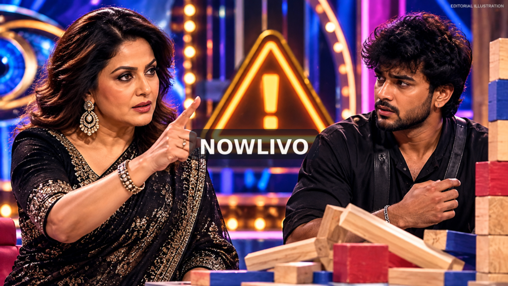 NOWLIVO conceptual editorial illustration of a stern female guest host addressing a young contestant beside game blocks and a warning symbol, representing the reported TTF Vasan–Mukesh task incident; not a broadcast still.
