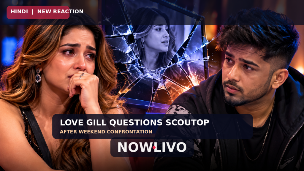 NOWLIVO conceptual editorial illustration showing a distressed female contestant and a male contestant separated by a fractured-screen graphic, representing Love Gill’s reported conversation with ScoutOP; not actual episode footage.