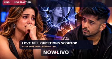 NOWLIVO conceptual editorial illustration showing a distressed female contestant and a male contestant separated by a fractured-screen graphic, representing Love Gill’s reported conversation with ScoutOP; not actual episode footage.