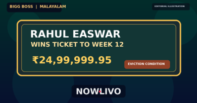 NOWLIVO editorial composite of a golden Week 12 ticket, ₹24,99,999.95 winning bid and a prize vault, representing Rahul Easwar’s reported Bigg Boss Malayalam 8 task result; illustrative, not actual episode footage.