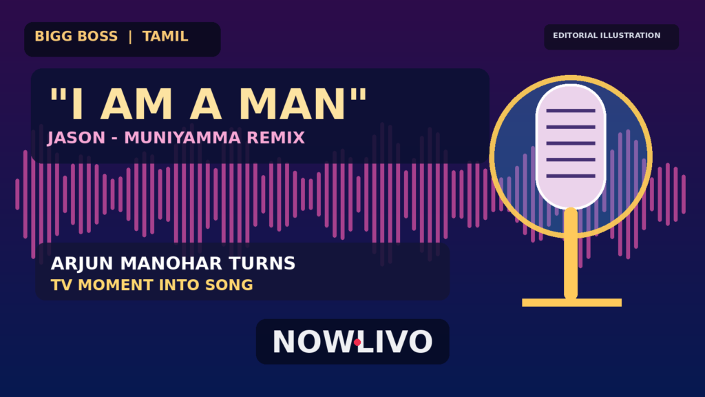 NOWLIVO editorial graphic with a stage microphone, audio waveform and the reported song title “I AM A MAN”, illustrating Arjun Manohar’s musical response to the Jason–Muniyamma dispute; not an episode still.