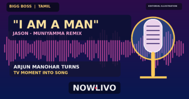 NOWLIVO editorial graphic with a stage microphone, audio waveform and the reported song title “I AM A MAN”, illustrating Arjun Manohar’s musical response to the Jason–Muniyamma dispute; not an episode still.