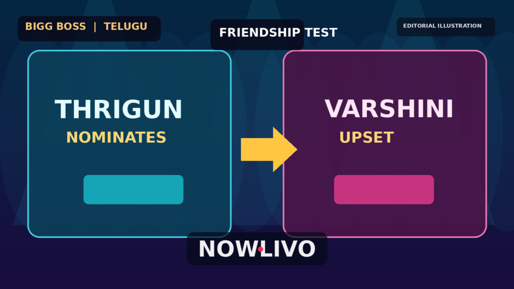 NOWLIVO conceptual editorial illustration of two opposing nomination cards labelled Thrigun and Varshini with a tear motif and a voting podium; not an actual Bigg Boss Telugu episode photograph.