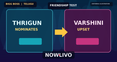 NOWLIVO conceptual editorial illustration of two opposing nomination cards labelled Thrigun and Varshini with a tear motif and a voting podium; not an actual Bigg Boss Telugu episode photograph.