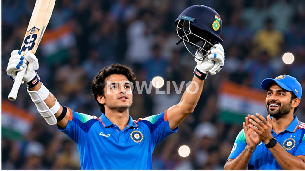 Editorial illustration of an Indian cricketer celebrating a century with bat and helmet raised at a floodlit stadium, not a photograph of the match