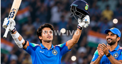 Editorial illustration of an Indian cricketer celebrating a century with bat and helmet raised at a floodlit stadium, not a photograph of the match