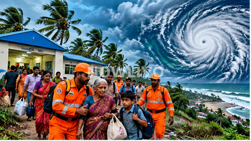 Illustrative coastal evacuation scene showing emergency responders guiding residents toward a shelter as a cyclone approaches the Bay of Bengal, not a real satellite photograph