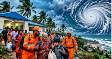 Illustrative coastal evacuation scene showing emergency responders guiding residents toward a shelter as a cyclone approaches the Bay of Bengal, not a real satellite photograph