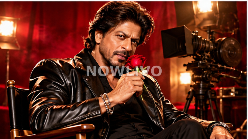 Original editorial composite of Shah Rukh Khan in a dark film-studio setting holding a red rose, inspired by the newly unveiled King promotional look and not an official poster