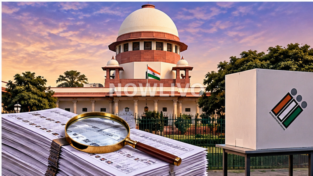 Editorial illustration of the Supreme Court of India beside voter registration papers and an election ballot box, with no depiction of an actual hearing