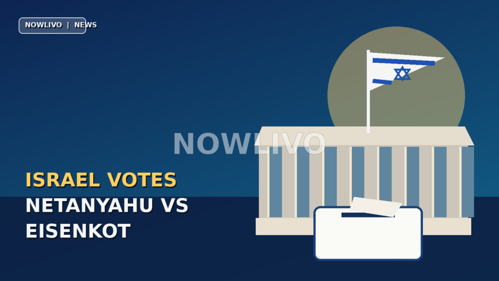 Original graphic illustration of the Israeli flag above a stylized Knesset building and a ballot box, not a photograph of voting