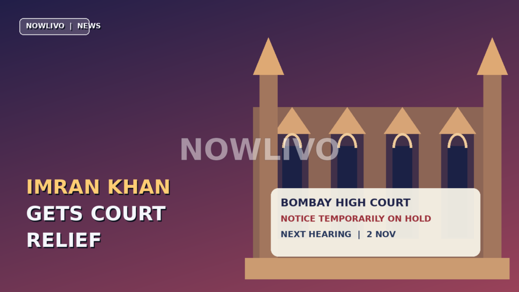 Original editorial graphic of a stylized Bombay High Court facade and a notice about temporary relief, not a photograph of court proceedings
