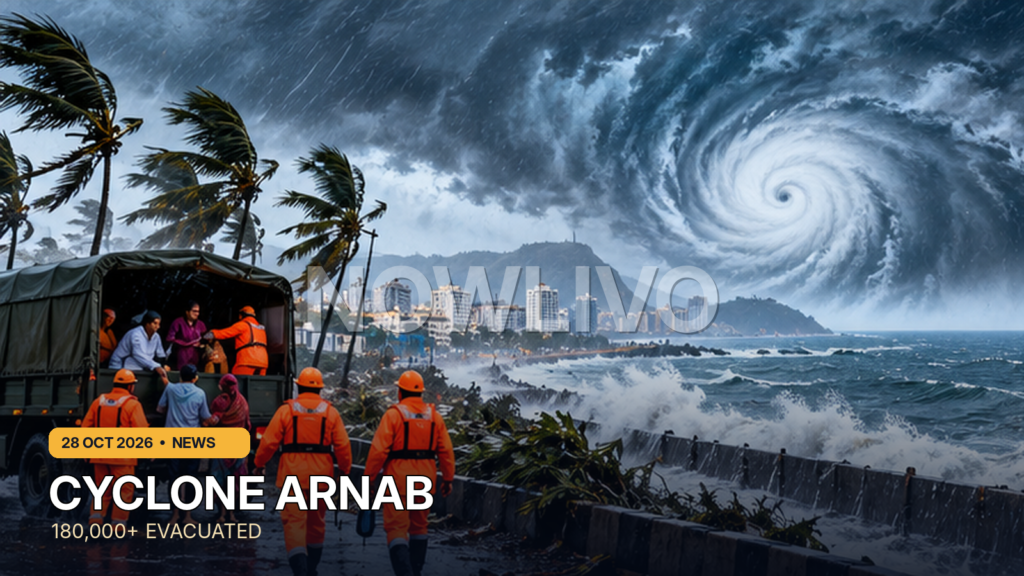 Original editorial illustration of emergency workers assisting coastal residents near stormy Andhra Pradesh shoreline; not a photograph of Cyclone Arnab