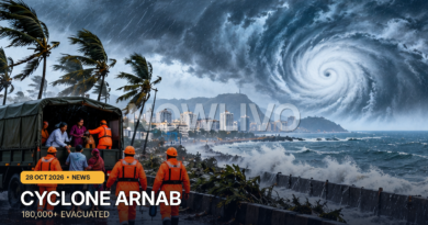 Original editorial illustration of emergency workers assisting coastal residents near stormy Andhra Pradesh shoreline; not a photograph of Cyclone Arnab