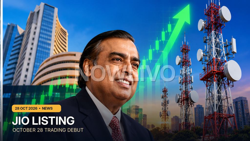 Original editorial illustration of Mukesh Ambani with telecom towers and Mumbai stock exchange graphics representing the scheduled Jio Platforms listing; not an event photograph
