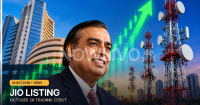 Original editorial illustration of Mukesh Ambani with telecom towers and Mumbai stock exchange graphics representing the scheduled Jio Platforms listing; not an event photograph