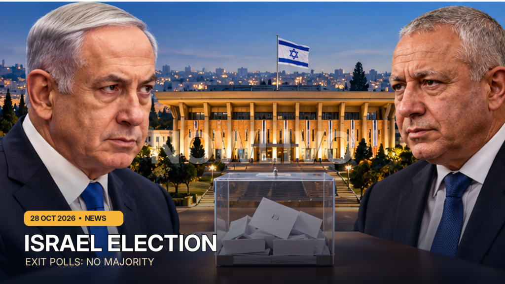 Original editorial illustration of Benjamin Netanyahu and Gadi Eisenkot on opposite sides of a ballot box outside the Israeli parliament; conceptual image, not a photograph