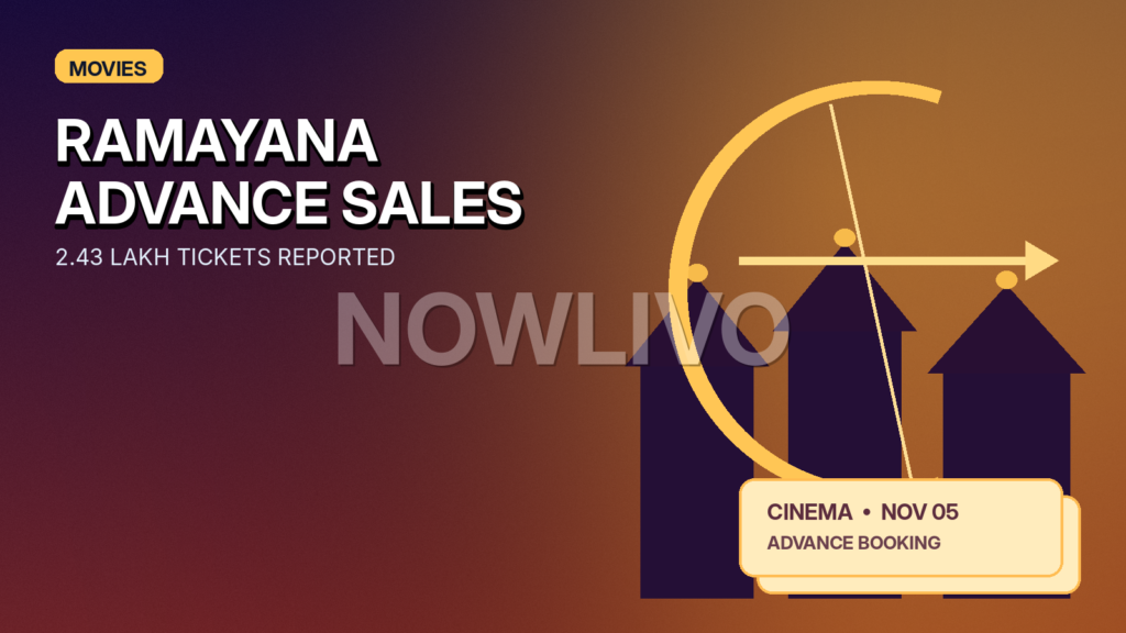 Original editorial film-release graphic featuring a mythological bow, temple silhouette and cinema tickets, illustrating Ramayana advance bookings without copying an official poster