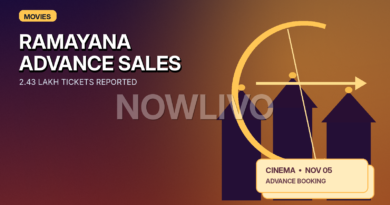 Original editorial film-release graphic featuring a mythological bow, temple silhouette and cinema tickets, illustrating Ramayana advance bookings without copying an official poster