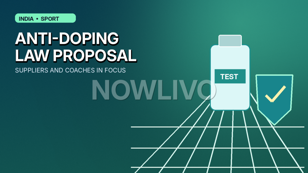 Original editorial graphic of an Indian athletics track, anti-doping test vial and parliamentary document symbolising a proposed law, not a photograph of an accused athlete