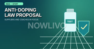Original editorial graphic of an Indian athletics track, anti-doping test vial and parliamentary document symbolising a proposed law, not a photograph of an accused athlete