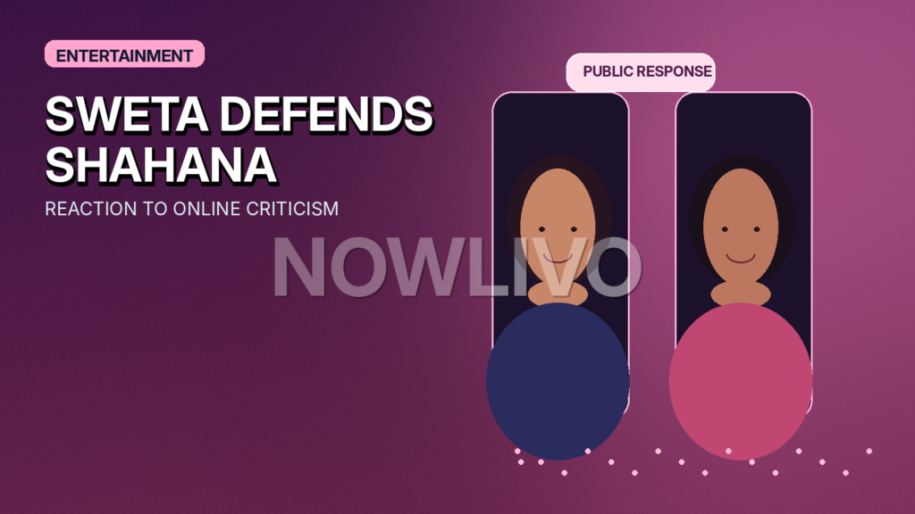 Original editorial graphic of two Indian actresses in separate interview frames with abstract social-media reaction motifs, representing Sweta Keswani defending Shahana Goswami