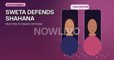 Original editorial graphic of two Indian actresses in separate interview frames with abstract social-media reaction motifs, representing Sweta Keswani defending Shahana Goswami