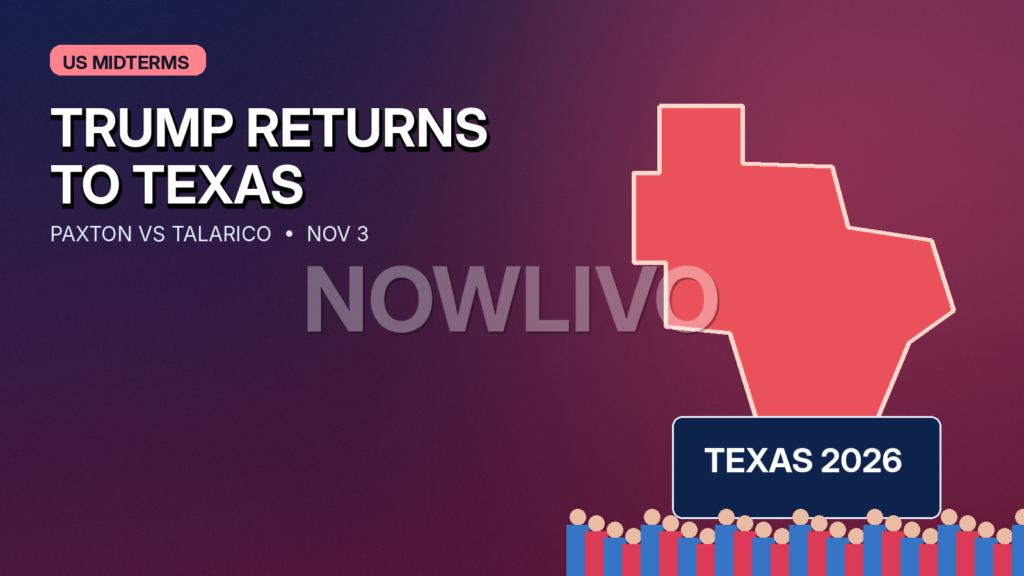 Original editorial graphic of a Texas-shaped election backdrop, campaign podium and opposing red and blue rally crowds, representing the Paxton-Talarico Senate race