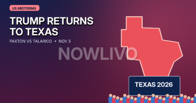 Original editorial graphic of a Texas-shaped election backdrop, campaign podium and opposing red and blue rally crowds, representing the Paxton-Talarico Senate race