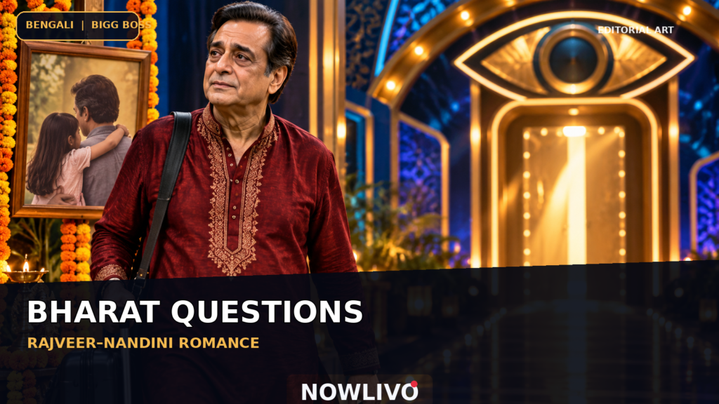 Conceptual editorial illustration of veteran actor Bharat Kaul and two indistinct adult contestant portraits with a disputed-relationship headline; not documentary evidence.
