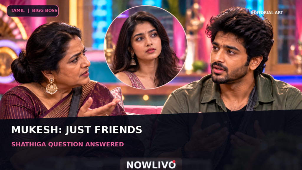 Conceptual editorial illustration of an older woman asking a young man a question with a separate young woman portrait, representing the Mukesh–Shathiga friendship discussion; not a broadcast still.