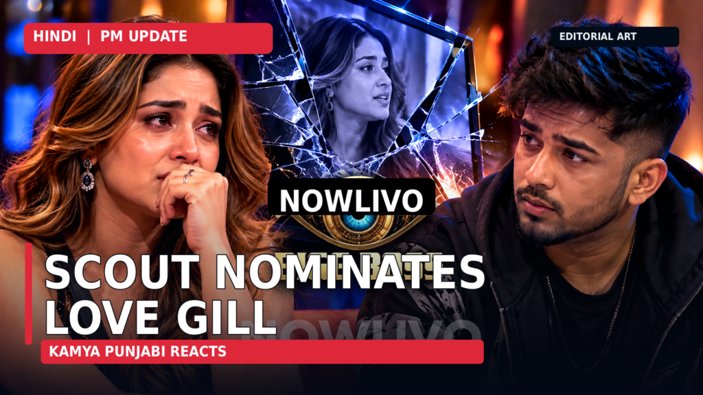 Original editorial illustration showing an upset woman and a male reality-show contestant in a split red-blue studio composition with a nomination-card motif; not actual Bigg Boss footage.