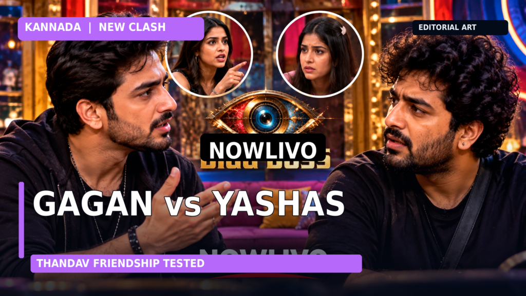 Original editorial illustration of two adult male contestants in a tense discussion under dramatic studio lights, representing the Gagan–Yashas clash; not a real episode still.