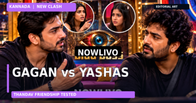 Original editorial illustration of two adult male contestants in a tense discussion under dramatic studio lights, representing the Gagan–Yashas clash; not a real episode still.