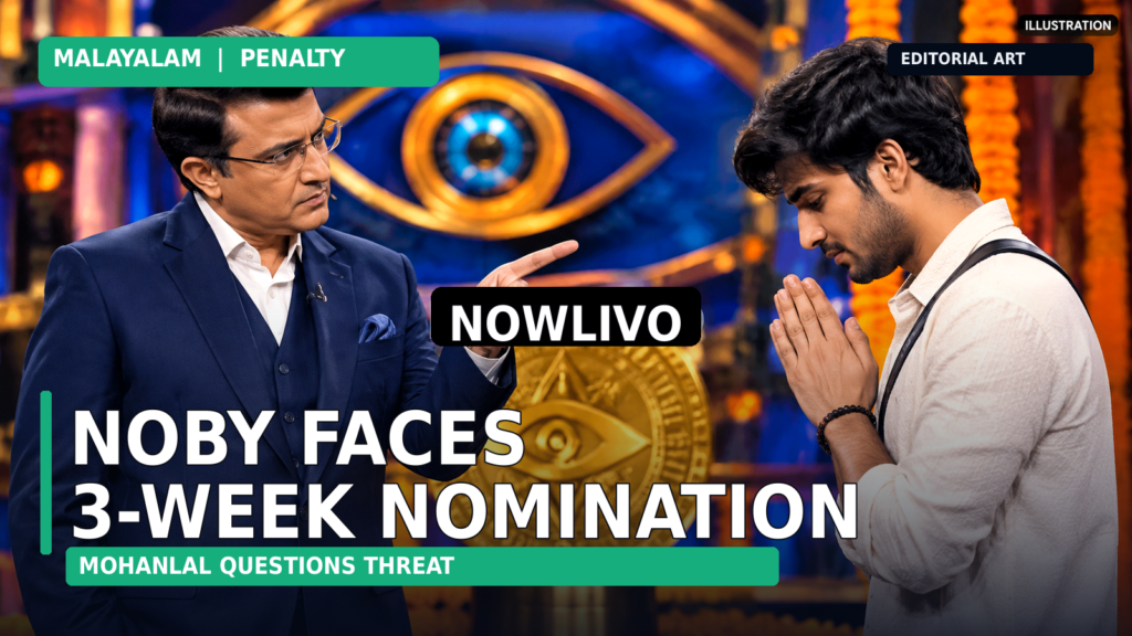 Conceptual editorial illustration of a stern television host addressing a male contestant on a dramatic stage with three nomination markers; not a broadcast photograph.