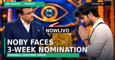 Conceptual editorial illustration of a stern television host addressing a male contestant on a dramatic stage with three nomination markers; not a broadcast photograph.