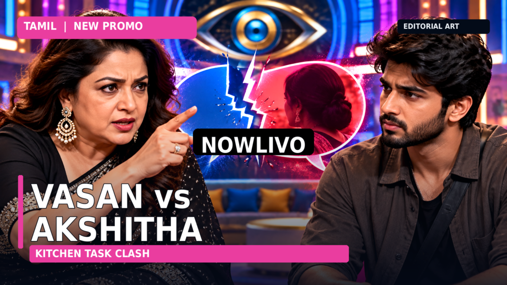 Conceptual editorial illustration of a woman confronting a male contestant beside game props and a warning symbol, representing the Vasan–Akshitha task promo; not a broadcast still.