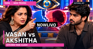 Conceptual editorial illustration of a woman confronting a male contestant beside game props and a warning symbol, representing the Vasan–Akshitha task promo; not a broadcast still.