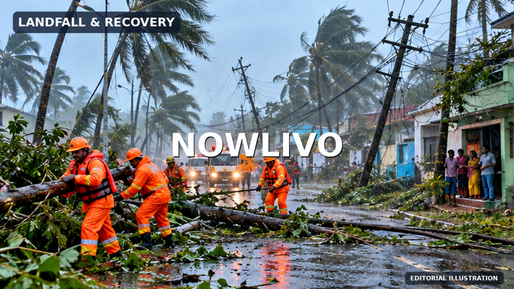 Editorial illustration of emergency crews clearing fallen trees and damaged power lines after Cyclone Arnab struck coastal Andhra Pradesh; not a documentary photograph.