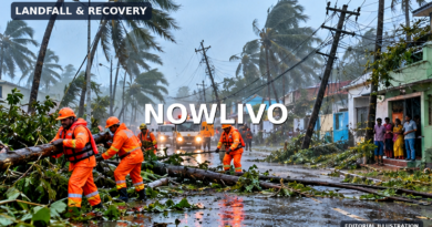 Editorial illustration of emergency crews clearing fallen trees and damaged power lines after Cyclone Arnab struck coastal Andhra Pradesh; not a documentary photograph.