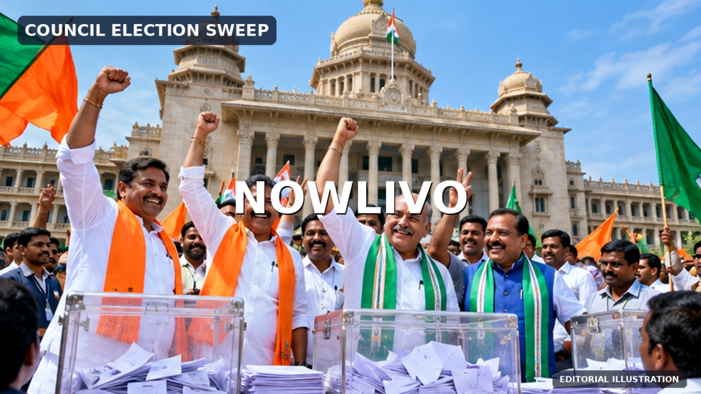 Original editorial composite showing a Karnataka legislative building, ballot boxes and celebrating alliance supporters; not a photograph of the October 28 vote count.