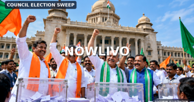 Original editorial composite showing a Karnataka legislative building, ballot boxes and celebrating alliance supporters; not a photograph of the October 28 vote count.