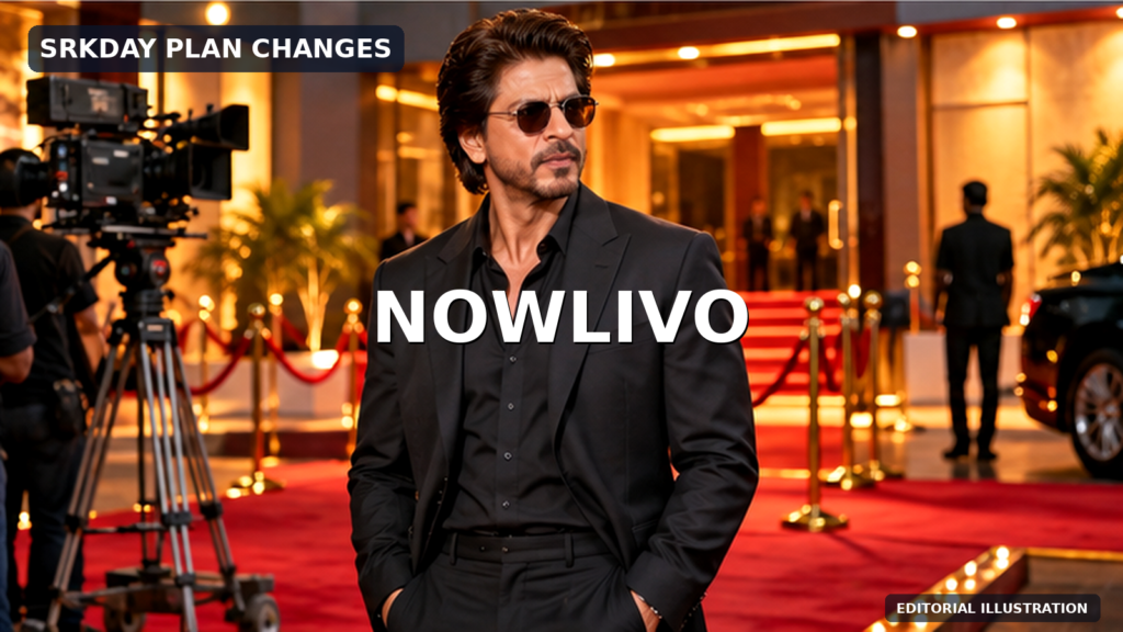 Original editorial illustration of Shah Rukh Khan at a film-event entrance with cameras and red carpet; the scene is conceptual, not a photograph of a cancelled gathering.