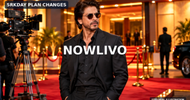Original editorial illustration of Shah Rukh Khan at a film-event entrance with cameras and red carpet; the scene is conceptual, not a photograph of a cancelled gathering.