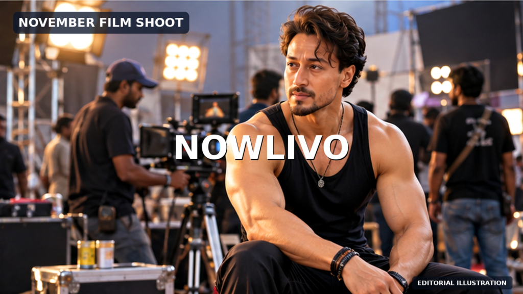 Conceptual editorial illustration of Tiger Shroff seated on a film set with cameras and crew, representing a reported future shoot; not a photograph of the planned schedule.
