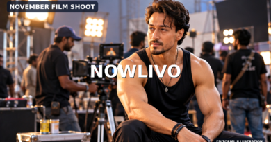 Conceptual editorial illustration of Tiger Shroff seated on a film set with cameras and crew, representing a reported future shoot; not a photograph of the planned schedule.